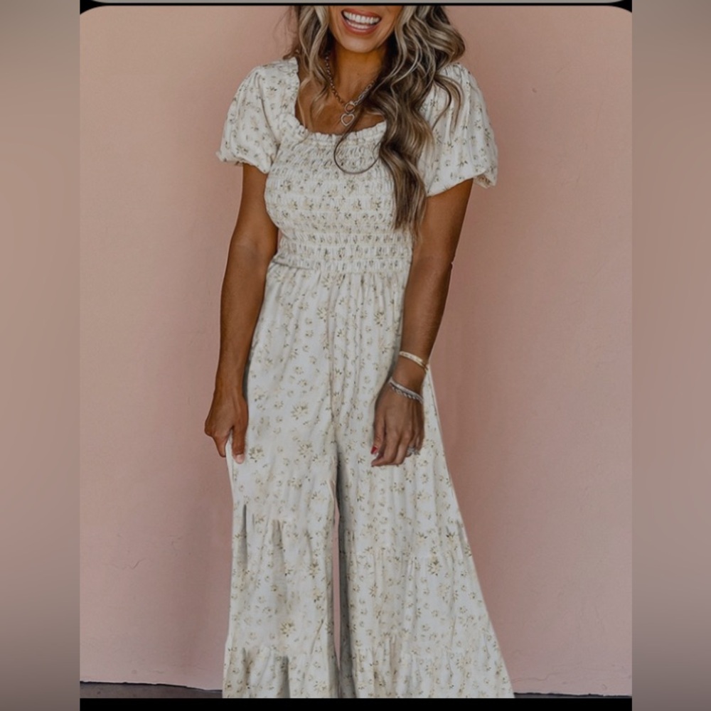 White Boho Floral Smocked Wide Leg Short Puff Sleeve Jumpsuit - Picture 2 of 7